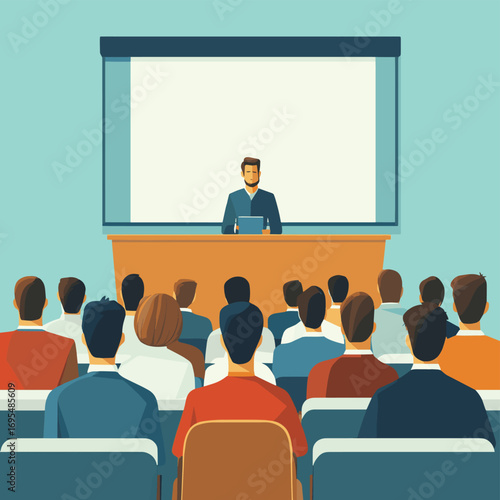 Lecture Hall Presentation with Engaged Audience , vector style simple color
