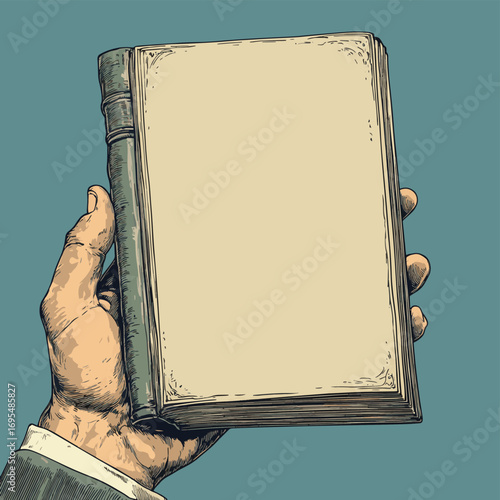Male human hand holding book with blank cover and ribbon markers. Illustration after antique engraving from early 20th century , vector style simple color