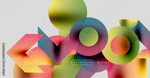 Abstract colorful shapes overlap, creating dynamic visual texture. Gradient hues blend, forming modern design elements.