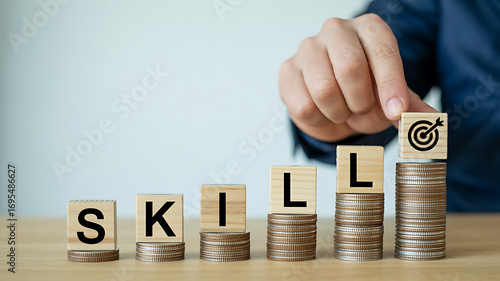 Hand stacking coins on blocks spelling skill symbolising financial growth and expertise development in business