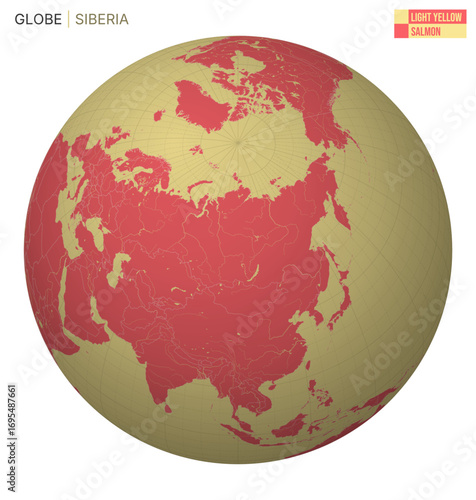 Vector Globe centered to Siberia. Light Yellow Salmon palette. World map with meridians, parallels, countries, rivers and lakes. Alive vector illustration.