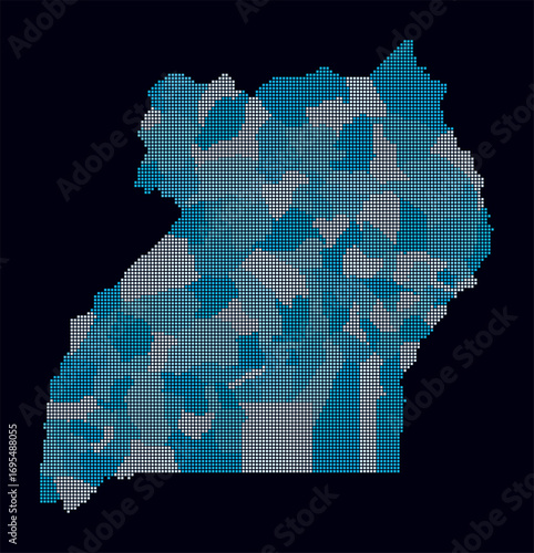 Uganda dotted map. Digital style map of the country on dark background. Uganda shape with square dots. Colored dots style. Small size squares. Creative vector illustration.