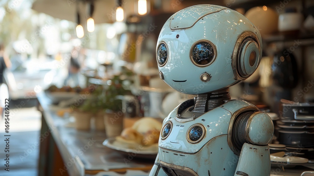 Fototapeta premium Retro-styled robot in a cafe setting