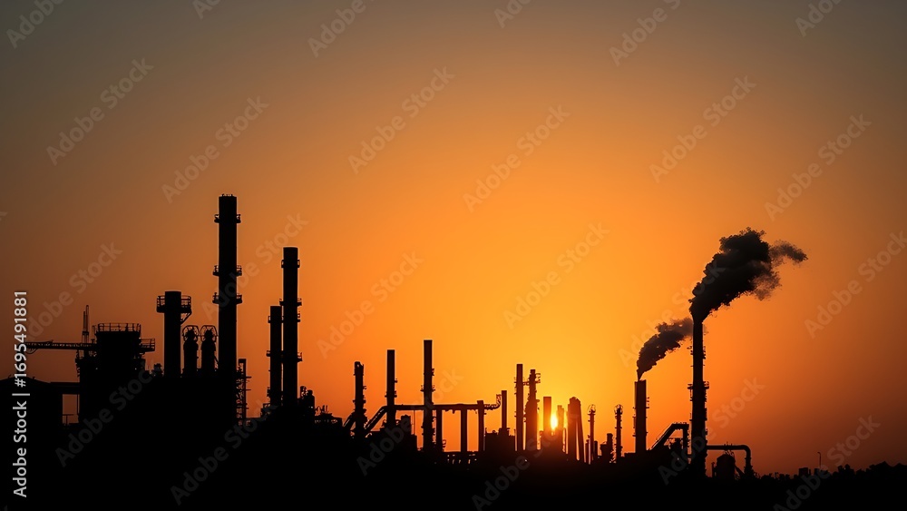 Obraz premium Industrial refinery silhouette at sunset with steam plumes against a dramatic gradient sky.