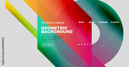Abstract geometric background design. Vibrant colors, flowing shapes, website mockup with navigation elements. Modern aesthetic.