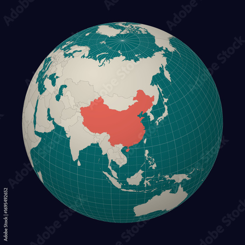 People's Republic of China on the map. Globe centered to China. Country location on the world map. Teal Pale Mint color palette. Globe with countries, meridians and parallels.