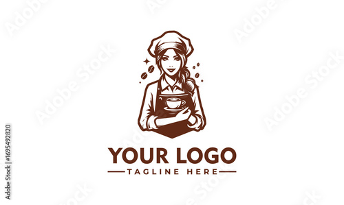 A stylized logo depicting a female barista holding a coffee cup and wearing an apron and chef's hat.