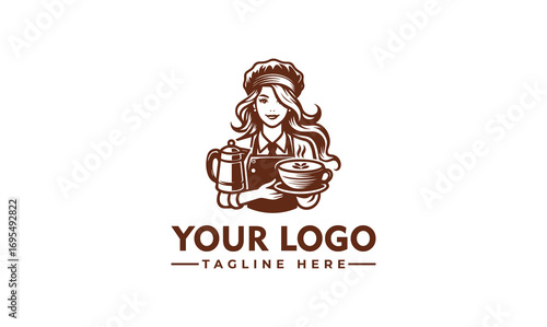 A woman in a chef's hat holds a coffee pot and cup on a saucer, presented as a logo.