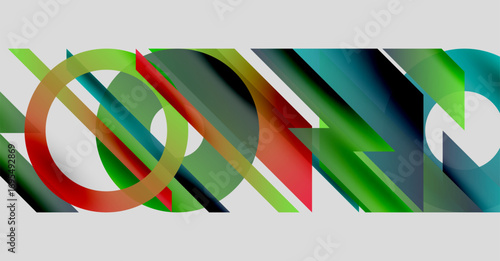 Abstract geometric shapes overlap, creating vibrant color gradients. Lines intersect circles, forming complex visual patterns. Modern design.