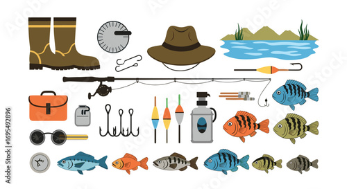 Plan your next fishing trip with this tackle box, rod, colorful lures, and catch of the day icons
