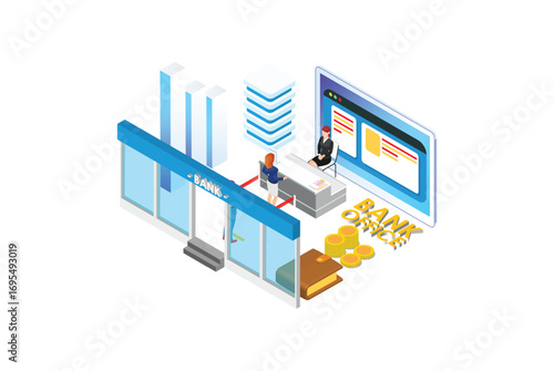 Bank Office Reception Service meeting Client Isometric People work Suitable for Diagrams, Infographics, Book Illustration, Game Asset, And Other Graphic Related Assets in isolated white background