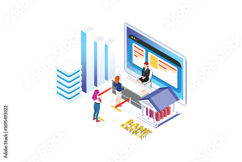 Bank Office Reception Service meeting Client Isometric People work Suitable for Diagrams, Infographics, Book Illustration, Game Asset, And Other Graphic Related Assets in isolated white background