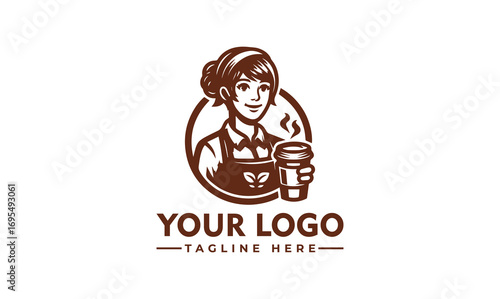 Cartoon barista holding a steaming coffee cup, framed in a circle.