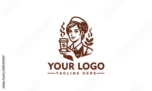 A vintage-style logo featuring a smiling barista holding a takeaway coffee cup.