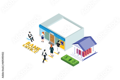 Bank Office Reception Service meeting Client Isometric People work Suitable for Diagrams, Infographics, Book Illustration, Game Asset, And Other Graphic Related Assets in isolated white background