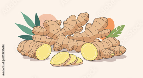 Fresh vibrant ginger root with bright yellow slices promoting healthy eating and natural remedies
