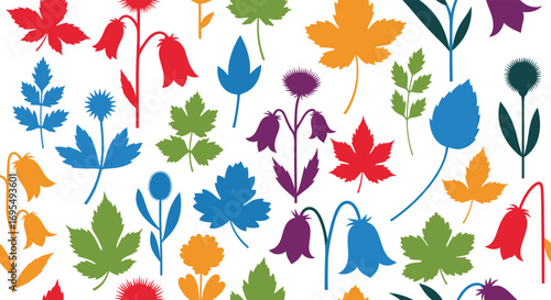 Vibrant floral pattern with autumn leaves and bellflowers for a cheerful botanical design element