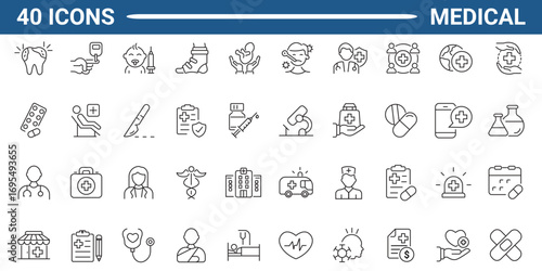 Medical Icons set. Vector illustration in modern thin line style of general medical icons: hospital, doctor, medicine and pharmacology, tests, etc. Editable stroke. Vector illustration