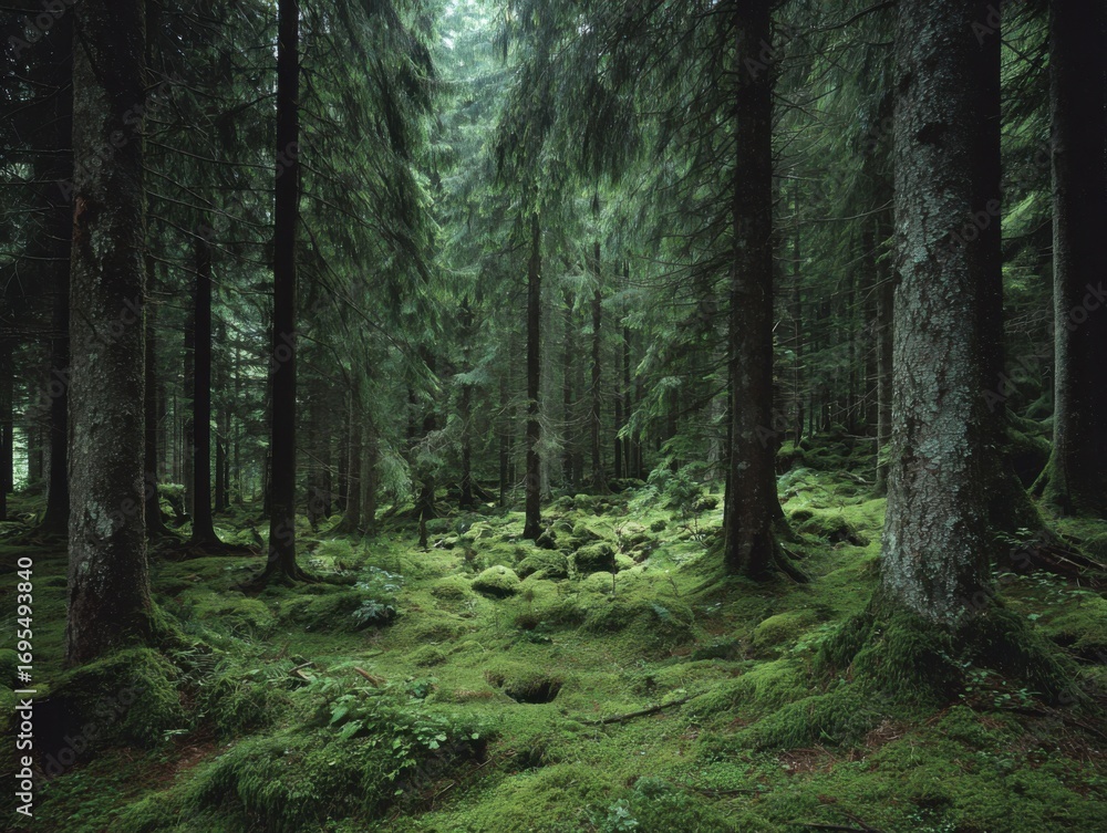 Obraz premium The Lush World of Moss and Spruce Forests