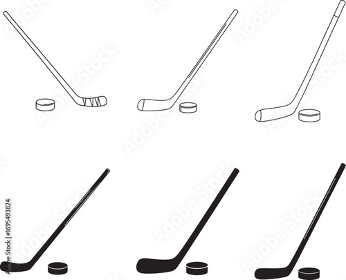 Hockey Stick and Puck Icons Black and White