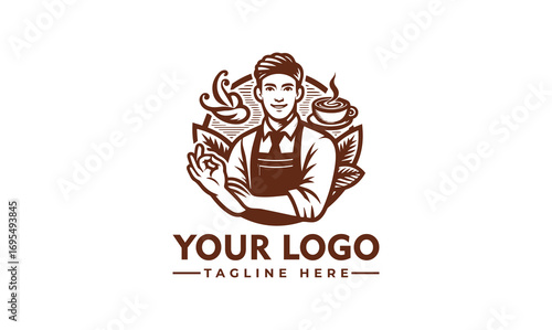 A barista in an apron stands with crossed arms, making an "OK" hand gesture, surrounded by coffee beans and a cup.