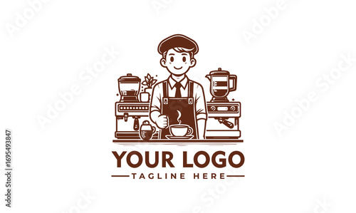 A cartoon barista in an apron stands behind various coffee-making equipment, a logo design template.