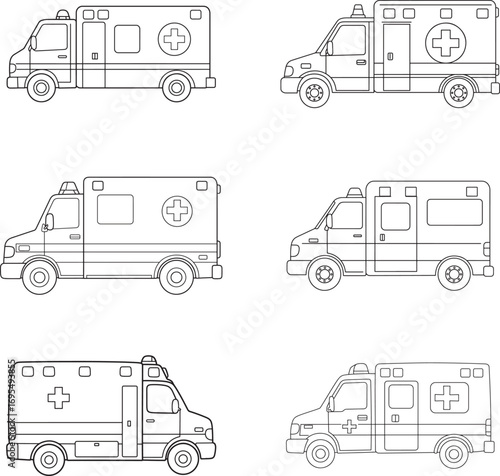 Six Line Drawings of Emergency Medical Ambulances