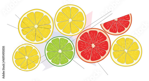 Vibrant citrus fruit slices arranged artfully for a refreshing juice bar or healthy food concept