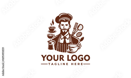 A bearded barista chef logo design, featuring coffee cups, brewing equipment, and cooking utensils.