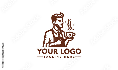 A stylized logo featuring a barista holding a steaming cup of coffee, with a classic aesthetic.