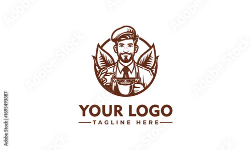 Graphic illustration of a barista holding a cup, framed by coffee leaves, suitable for logo design.