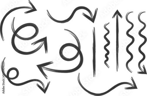 drawn arrows Various curved bold brush. Collection doodle marker thick arrows in different directions. Hand drawn vector direction pointers. Curved and wavy brush strokes with scratches.