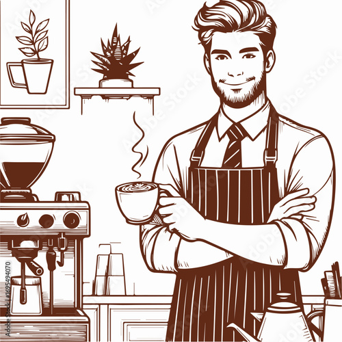 A smiling barista stands proudly, holding a steaming coffee cup, in a cafe setting.