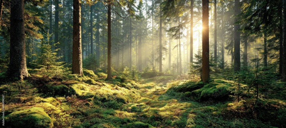 Fototapeta premium Serene forest with tall trees, mossy ground, and sunlight filtering through foliage creating a tranquil and peaceful atmosphere