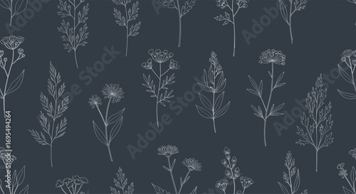 Elegant botanical pattern with delicate wildflowers on dark background for textile or packaging design