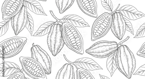 Elegant hand-drawn cocoa pods and leaves creating a seamless pattern for chocolate or food backgrounds