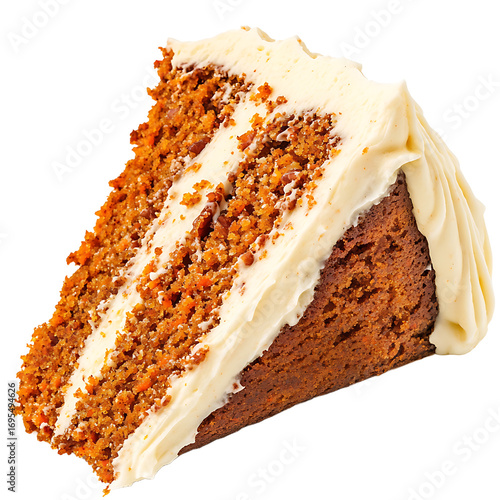 A slice of layered carrot cake with creamy frosting