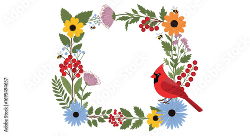 Charming floral frame featuring a vibrant cardinal and buzzing bees for spring and summer designs