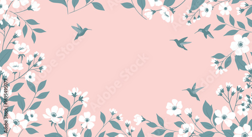 Dreamy floral background with hummingbirds for springtime designs and romantic projects in soft pastels