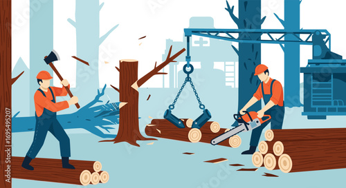 Lumberjacks working in forest, one with axe and another with chainsaw cutting logs for sustainable forestry