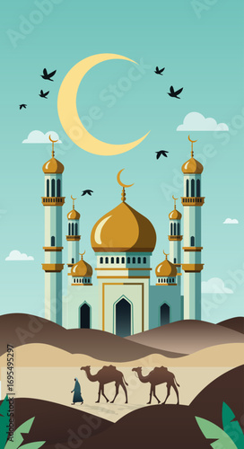 A Bedouin man with camels across the mosque in the desert