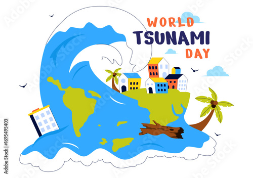 World Tsunami Awareness Day Vector Illustration on November 5, featuring Waves Crashing into Houses, Trees, and Buildings in a Flat Style Background