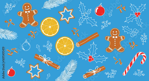 Festive Christmas gingerbread men, cinnamon sticks and holly pattern on blue background for holiday cheer