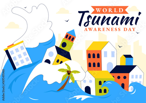 World Tsunami Awareness Day Vector Illustration on November 5, featuring Waves Crashing into Houses, Trees, and Buildings in a Flat Style Background