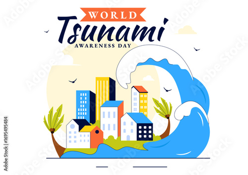 World Tsunami Awareness Day Vector Illustration on November 5, featuring Waves Crashing into Houses, Trees, and Buildings in a Flat Style Background