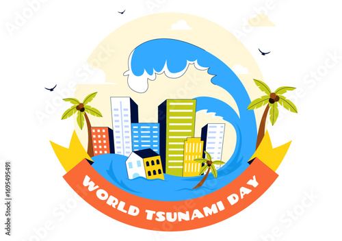 World Tsunami Awareness Day Vector Illustration on November 5, featuring Waves Crashing into Houses, Trees, and Buildings in a Flat Style Background