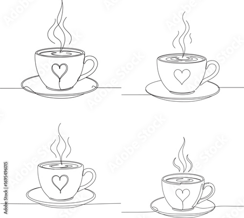 Four Sketch Drawings of a Coffee Cup with Heart