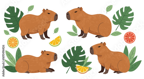 Adorable capybara family enjoying tropical fruits and foliage in a bright, whimsical design
