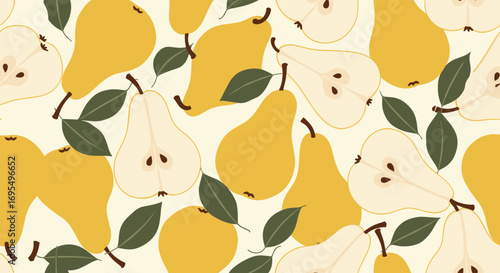 Fresh yellow pears and leaves create a charming seamless pattern for your next creative project today