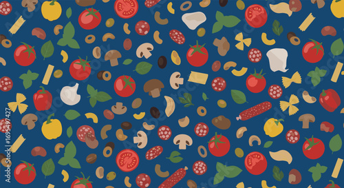 Delicious Italian food pattern featuring pasta, tomatoes, olives, basil and pepperoni on blue background
